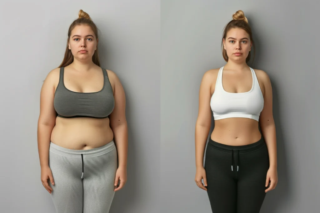 A side-by-side before and after image of a woman showing significant weight loss and body transformation with Semaglutide treatment.