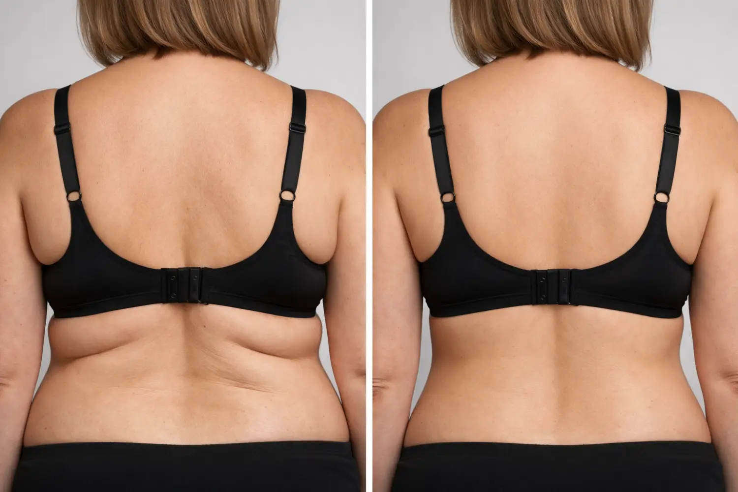 side-by-side back view showing bra line area with more folds on left and smoother surface on right
