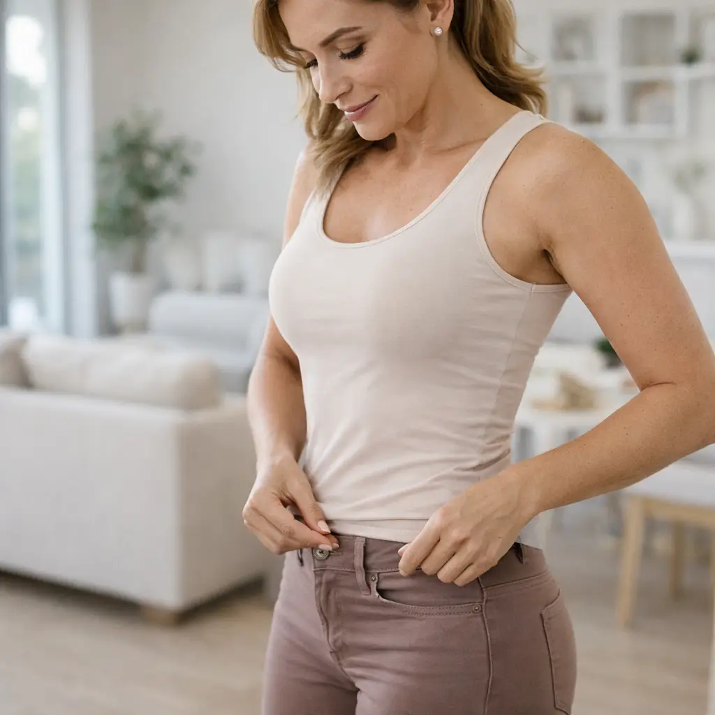 Woman adjusting waistband of jeans while standing indoors