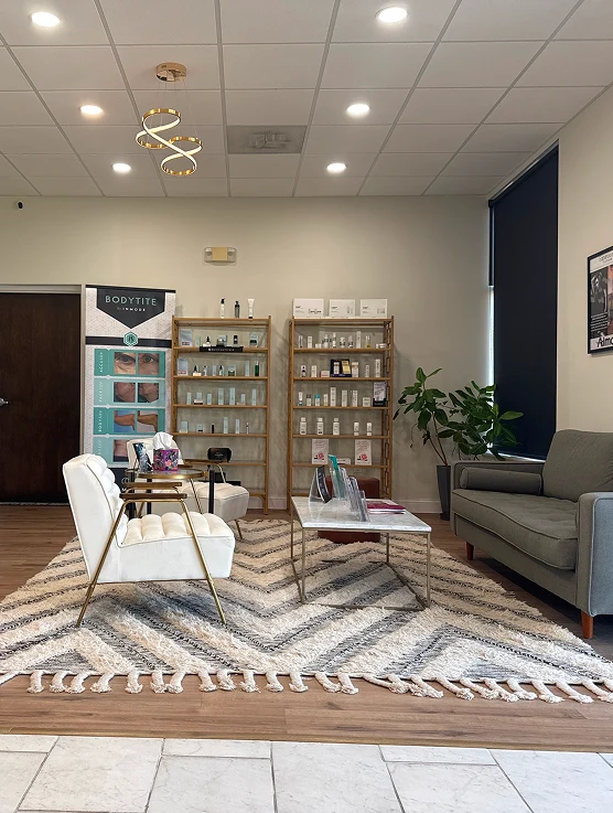 Med spa reception and skincare retail area at Amy Chow, MD Rejuvenation Practice, Lee's Summit